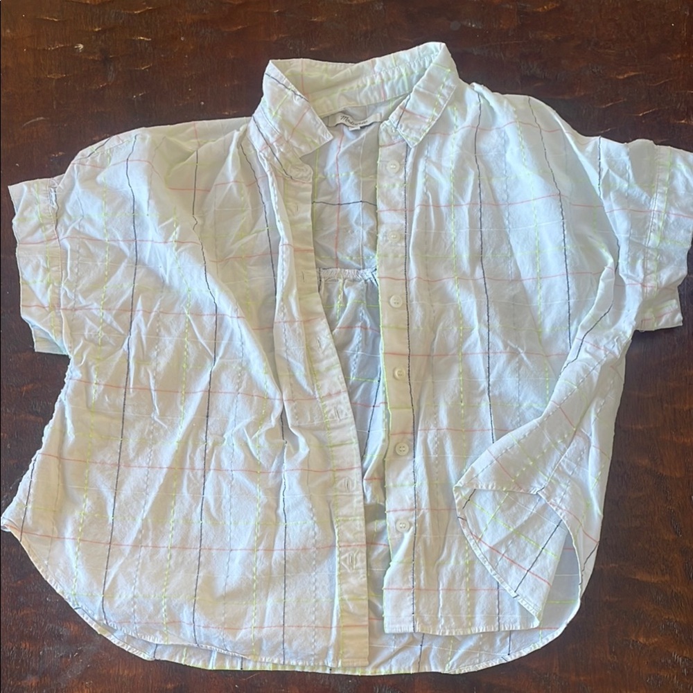 Madewell White Button-Down Shirt with Pastel Grid